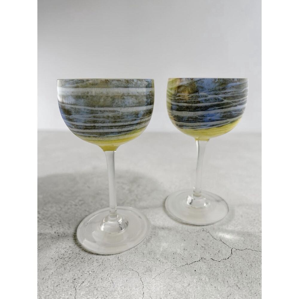 Steve Maslach Volcanic Ash Wineglasses Hand Blown Glass Signed 1978 Blue/Green
